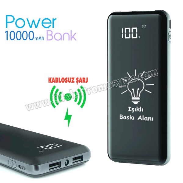 Kablosuz PowerBank 10000 mAh - Işıklı Baskı - Dijital Ekranlı