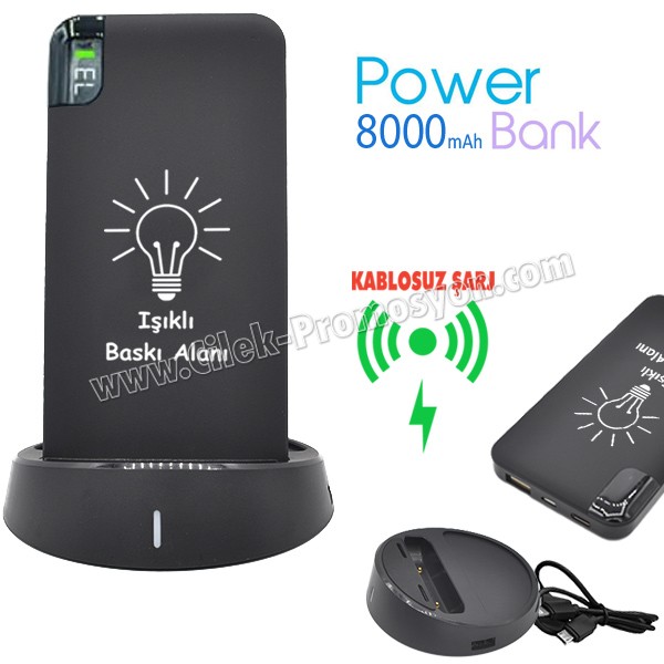 Kablosuz PowerBank 8000 mAh - Işıklı Baskı - 2 Çıkışlı