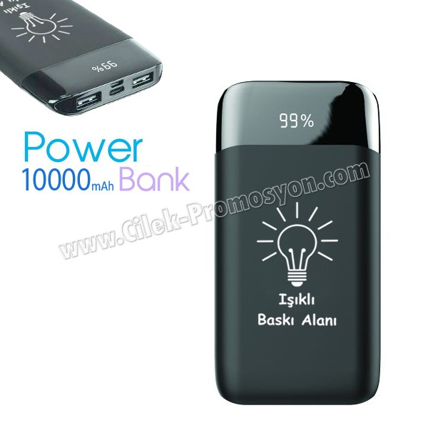 PowerBank 10000 mAh - Işıklı Baskı - Dijital Göstergeli - 2 Çıkışlı
